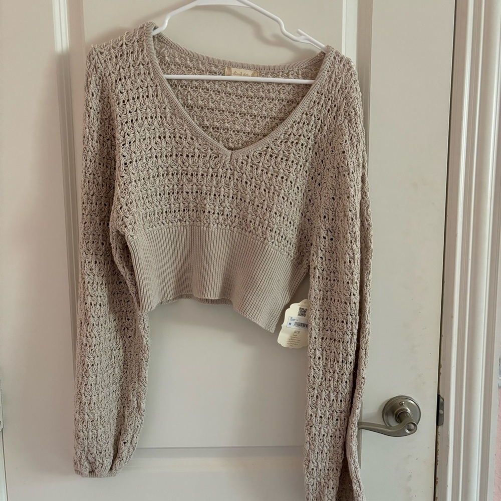 Altard State Boho Knit Crochet Crop Sweater Beige Brown Size Medium NWT
